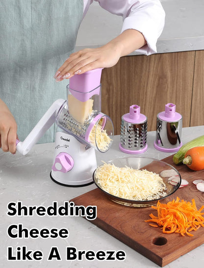 Geedel Rotary Cheese Grater, Kitchen Mandoline Vegetable Slicer with 3 Interchangeable Blades, Easy to Clean Rotary Grater Slicer for Fruit, Vegetables, Nuts | 3 Blades, 430 Stainless Steel, 12x Fast Cutting, Strong Suction Base, No BPA, Dishwasher Safe,