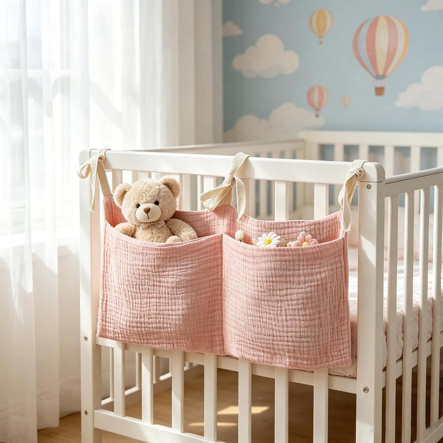 Bedside hanging bag for storing baby milk bottles and blankets - Baby diaper folding bed organizer bag - Brown