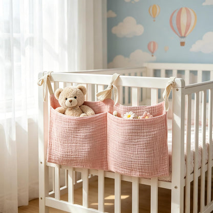 Bedside hanging bag for storing baby milk bottles and blankets - Baby diaper folding bed organizer bag - Brown