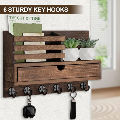 Key Holder Wall Mount, Mail Holder with Storage Drawer | Key and Mail Holder with 5 Key Hooks for Coat, Dog Leash, Home Decor Rack, House Accessories, Entry Way Organizer