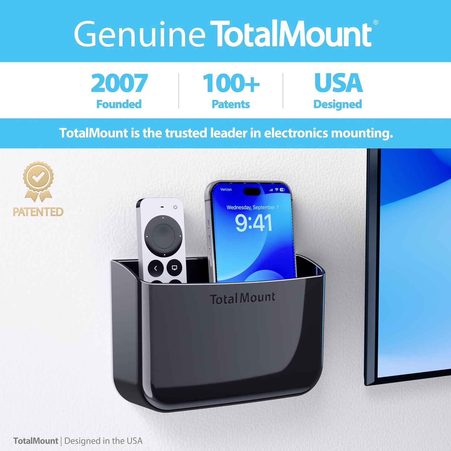 TotalMount Drop-Free Remote Holder – Removable Adhesive Strips – Black | Designed in the USA – Simply Put the Remotes In – No Tricky Magnet Alignment Needed (Holds 2 or 3 Remote Controls)