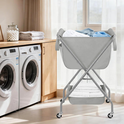 STORAGE MANIAC Collapsible Laundry Cart with Wheels 35.6"H Removable Canvas Bag Rolling Laundry Hamper Clothes Basket with Wheels, Sturdy Steel Frame Folding for Small Narrow Space Easy Storage, Beige
