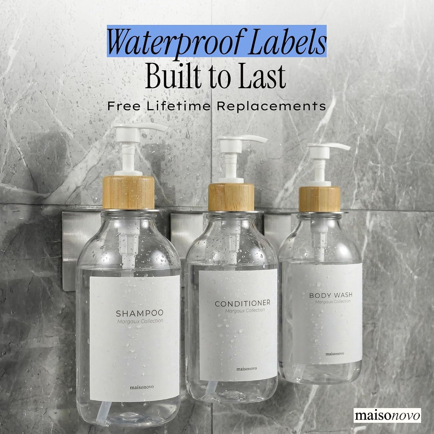 MaisoNovo Shampoo and Conditioner Dispenser|Refillable Black Set of 3 | 500 ml Shower Gel Dispenser Set of 3. Refillable Shampoo and Conditioner Bottles. Drill Free Secure Design. Black