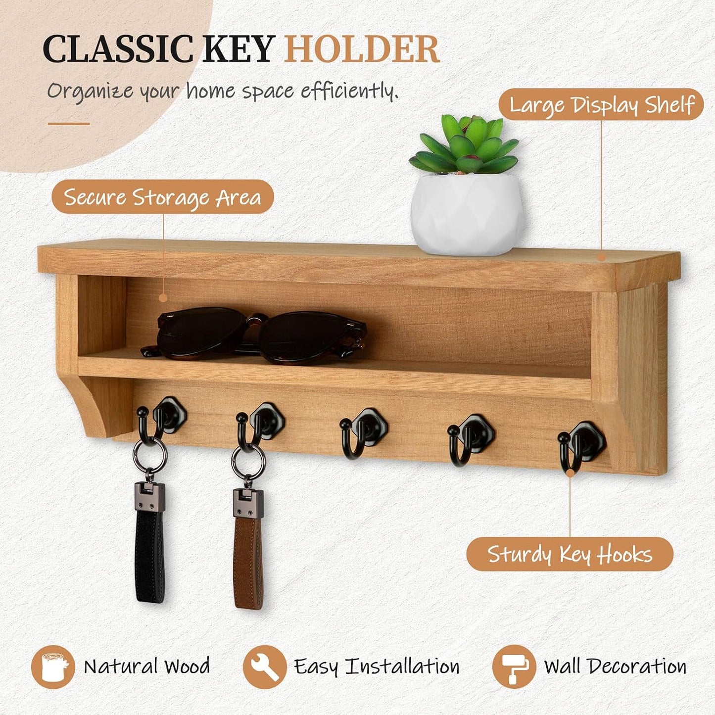 Nekon Key Holder Wall Mount, Wall Organizer Shelf with 5 Key Hooks | Wall Mounted Key Rack Room Decor for Home and Apartment Essentials