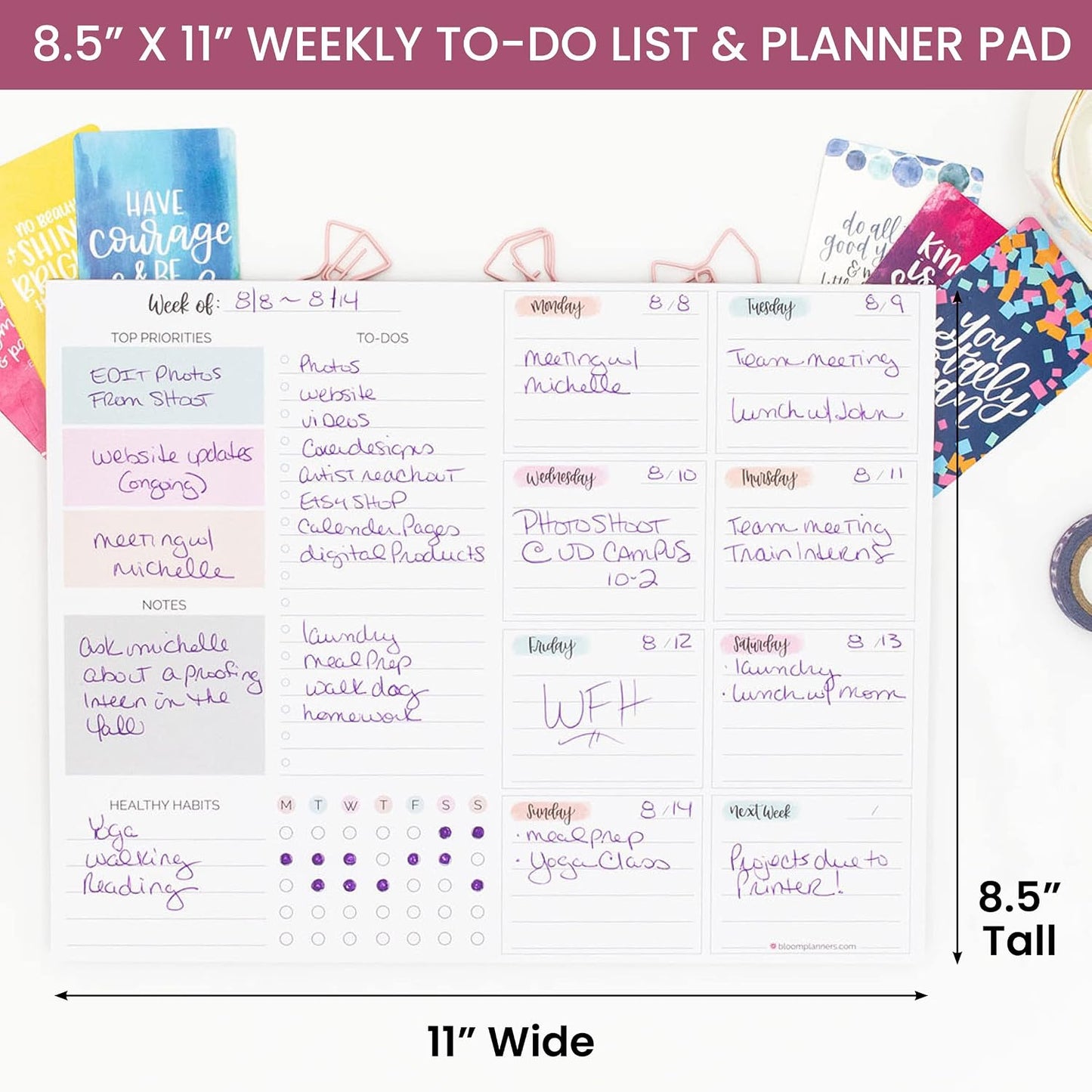 bloom daily planners Horizontal Weekly Magnetic Meal Planning Pad for Fridge with Tear-Off Grocery Shopping List - Hanging Food/Menu Organizer Notepad with Magnets - 8.5” x 11” - Lemons