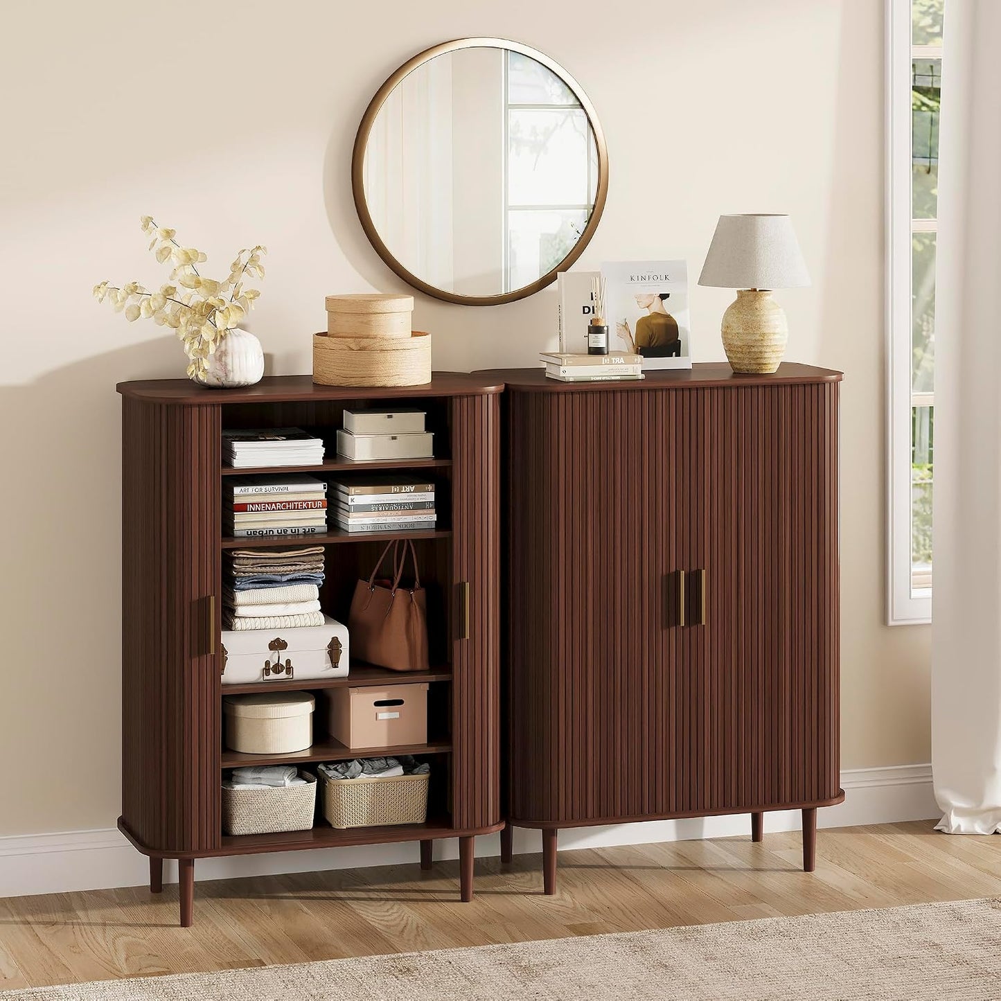 DHH Shoe Storage Cabinet with Sliding Door, 6-Tier Shoe Cabinet with Adjustable Shelves, Modern Freestanding Shoe Storage Organizer for Entryway, Hallway, Living Room (Walnut, 47 ")