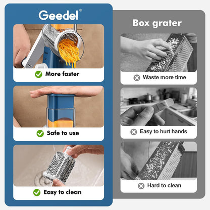 Geedel Rotary Cheese Grater, Kitchen Mandoline Vegetable Slicer with 3 Interchangeable Blades, Easy to Clean Rotary Grater Slicer for Fruit, Vegetables, Nuts | 3 Blades, 430 Stainless Steel, 12x Fast Cutting, Strong Suction Base, No BPA, Dishwasher Safe,