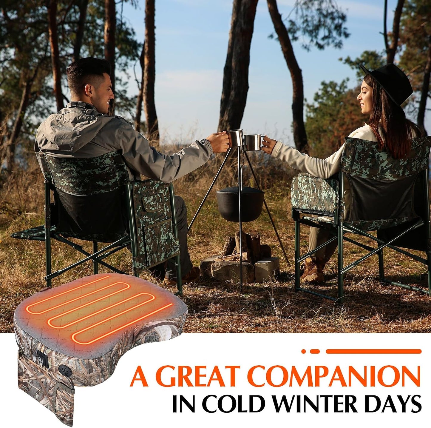Thyle 2 Pcs Tree Stand Heated Seat Cushion Waterproof Hunting Reed Camo | USB Powered Heating, Foldable for Tree Stand Ice Fishing Camping, Portable Outdoor Use, Power Bank Not Included