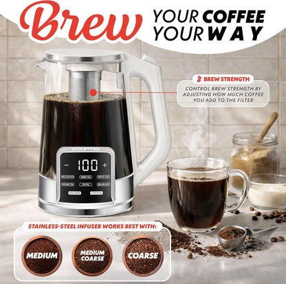 Gourmia Electric Glass Kettle – 1.7L Programmable Tea & Coffee Brewer with Digital Touch Display, 6 Presets, Removable Stainless Steel Infuser, Cordless with 360° Swivel Base, Black