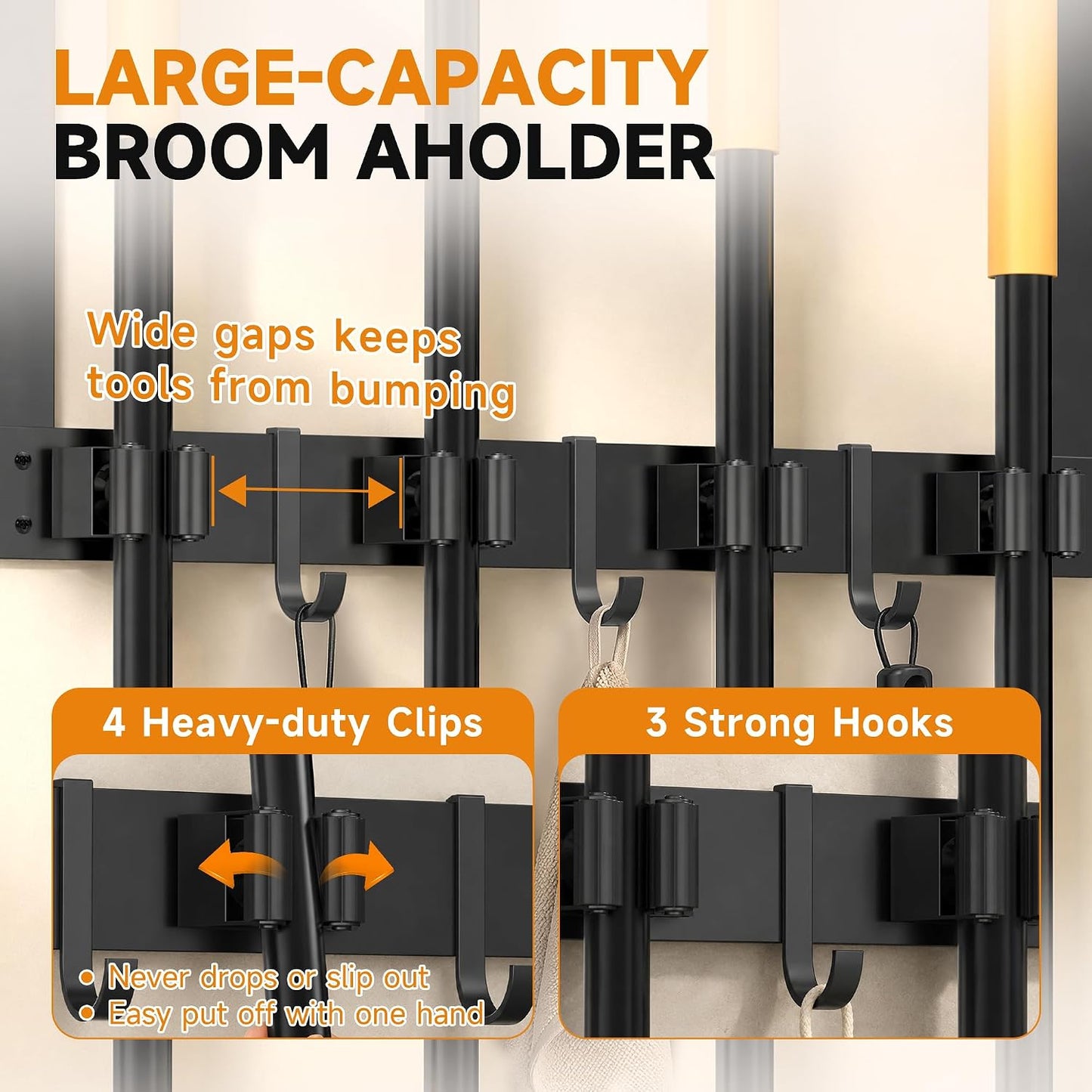 Broom Holder Wall Mount, Broom and Mop Organizer Wall Hanging with Solid Wood Frame,Organizer Rack Built with 4 Grippers & 3 Hooks; Broom Hanger Wall Mount for Laundry Room, Garages and Storage Room