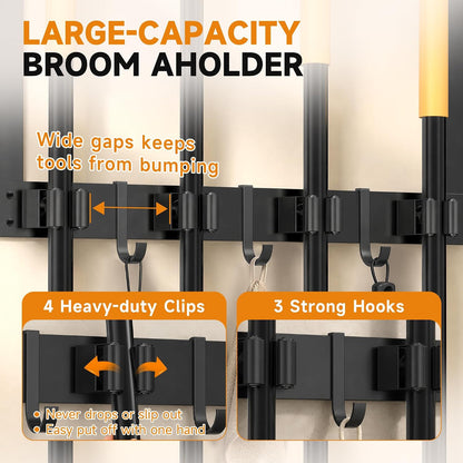 Broom Holder Wall Mount, Broom and Mop Organizer Wall Hanging with Solid Wood Frame,Organizer Rack Built with 4 Grippers & 3 Hooks; Broom Hanger Wall Mount for Laundry Room, Garages and Storage Room