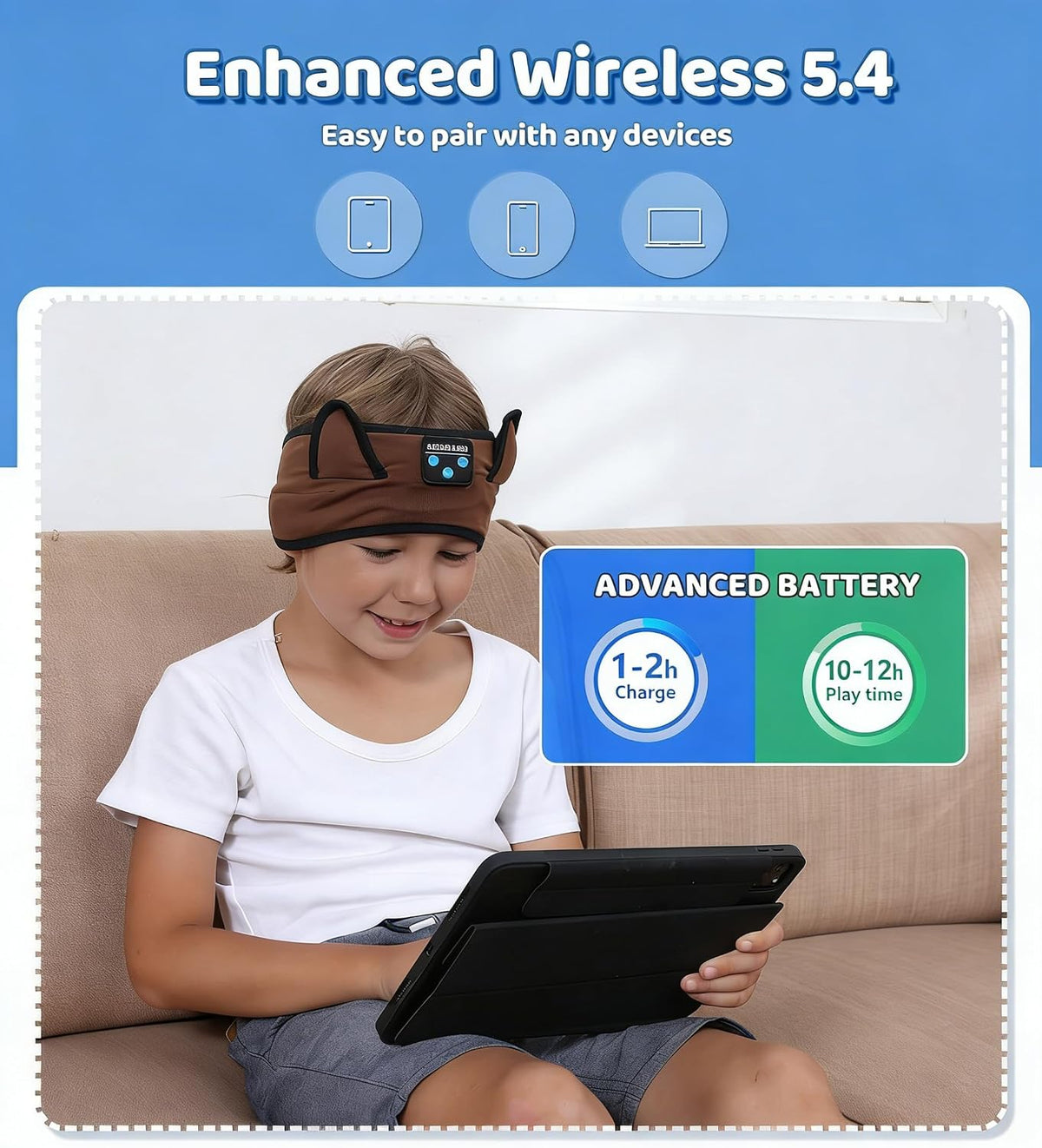 KIDSBAND Kids Bluetooth Headphones, Sleep Headband [Wireless & Wired Playback 2in1] Foldable Headphones for School/Travel/Tablet/Sleep