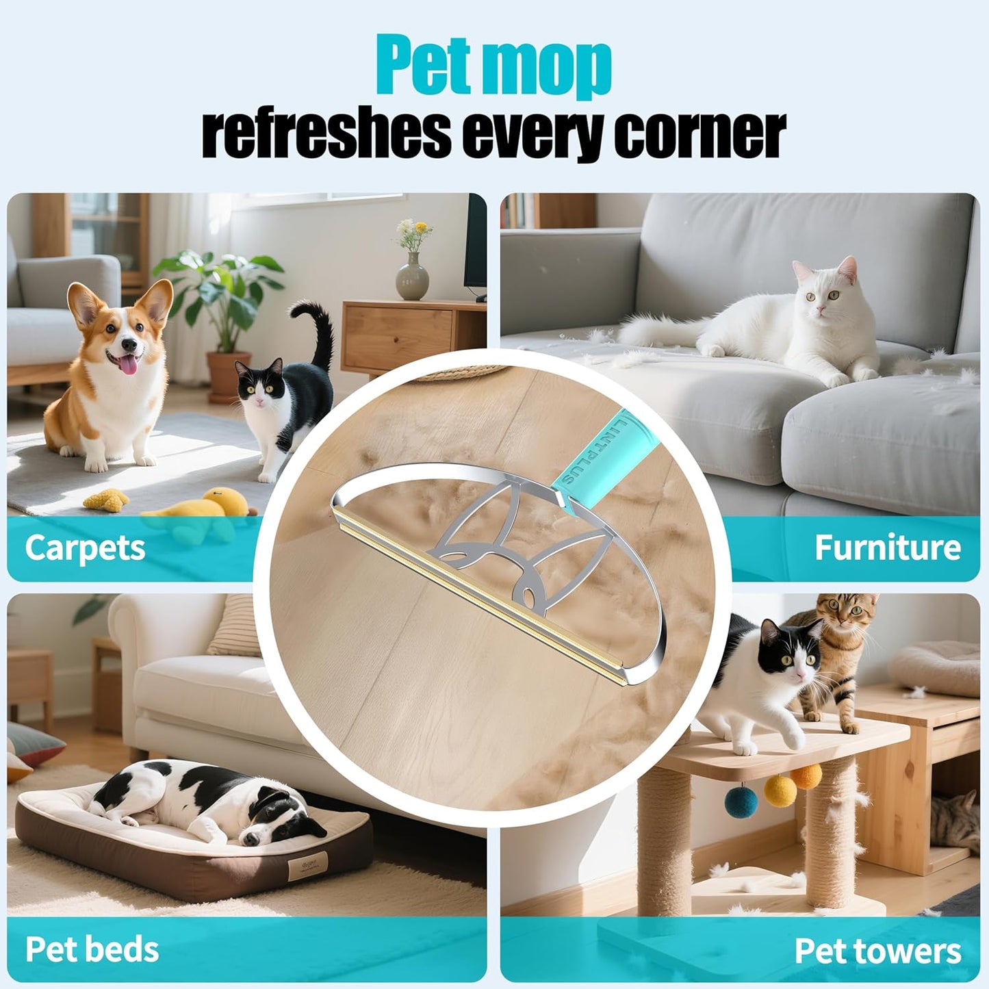 Deep Cleaner Pro Pet Hair Remover-Special Cat Hair Remover Multi Fabric Edge and Carpet Rake Scraper by LINTPLUS-Dog Hair Remover for Rugs,Couch & Pet Towers-Easy to Every Hair!