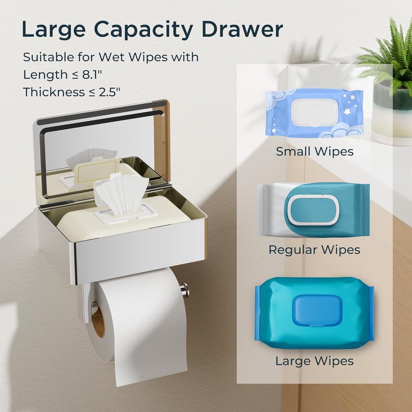 FORIOUS Toilet Paper Holder with Shelf, Wall-Mounted Modern Wipes Dispenser | Brushed Nickel | Toilet Paper Holder with Storage for Bathroom | Fits Wipes, Sanitary Napkin, Tampon | 8.0"x5.3" Large Shelf