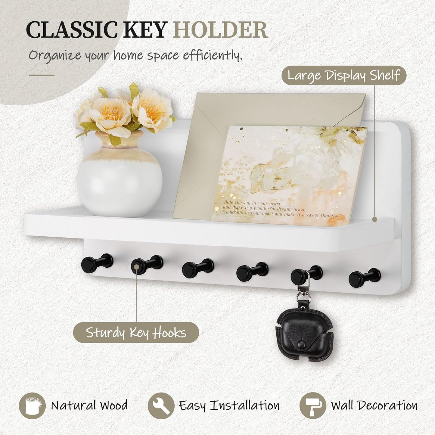 Nekon Key Holder for Wall with Shelf, Pine Wooden Key Hanger, Black | Small Wall Mounted Key Holder with 4 Hooks, Farmhouse Wall Organizer for Home Entryway & Apartment