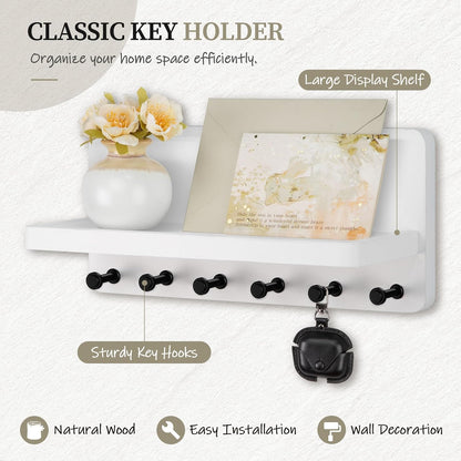 Nekon Key Holder for Wall with Shelf, Pine Wooden Key Hanger, Black | Small Wall Mounted Key Holder with 4 Hooks, Farmhouse Wall Organizer for Home Entryway & Apartment