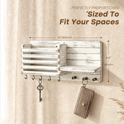 Rebee Vision Key Holder Wall Mount with Mail Slot for Entryway, Retro Brown | Pine Wood, Key Holder for Wall, 8 Hooks for Dog Leashes, Floating Shelf, Mail Sorter, New Home Essentials, Entryway Storage