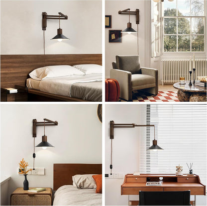maesta Plug in Wall Lamp, Wood Swing Arm Wall Sconce for Bedroom