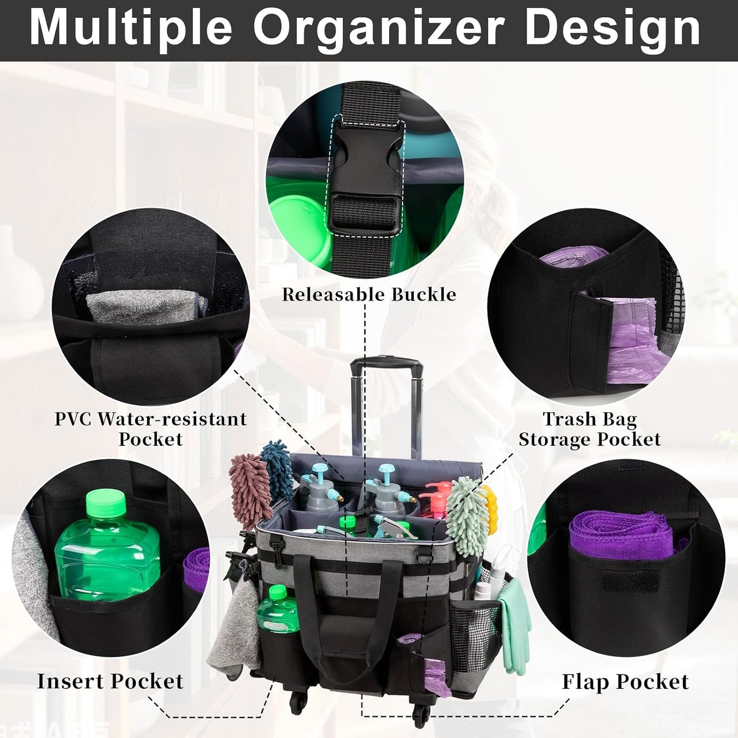 Wearable Large Cleaning Caddy Bag for Housekeepers (Black&Gray) | Cleaning Supplies Organizer with Adjustable Shoulder, Waist & Handle Straps, Detailing Bag for Kitchen Supplies