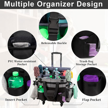 Wearable Large Cleaning Caddy Bag for Housekeepers (Black&Gray) | Cleaning Supplies Organizer with Adjustable Shoulder, Waist & Handle Straps, Detailing Bag for Kitchen Supplies