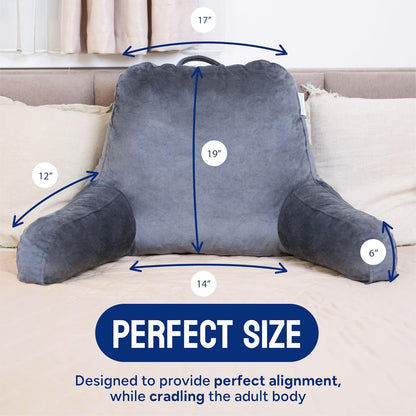 Reading Pillow for Bed with Arms Pockets for Adults, Large Grey | Bed Pillow for Sitting Up for Nursing, Breast Feeding, Bedrest or Relief from GERD or Heartburn; Removable, Washable Cover