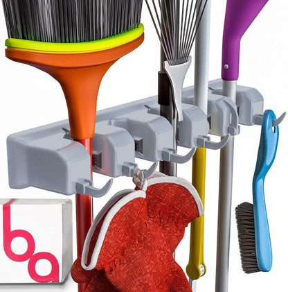 Broom Holder Wall Mount, Broom and Mop Organizer Wall Hanging Rack & Hanger | (Black) Broom Hanger Wall Mount, Mop and Broom Holder Wall Mount, Mop Holder, Hanger for Brooms and Mops, 5 Slots 6 Hooks