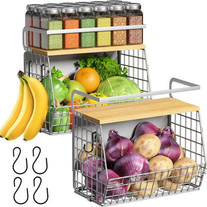 Magnetic Shelf for Fridge with Wood Lid, Fruit Potato and Onion Storage Bins, Pantry Organizers & Storage, Large Container Magnetic Spice Rack for Refrigerator, Kitchen Counter, Cabinet | Strong magnet holds 50lbs, ventilated bin for produce, versatile