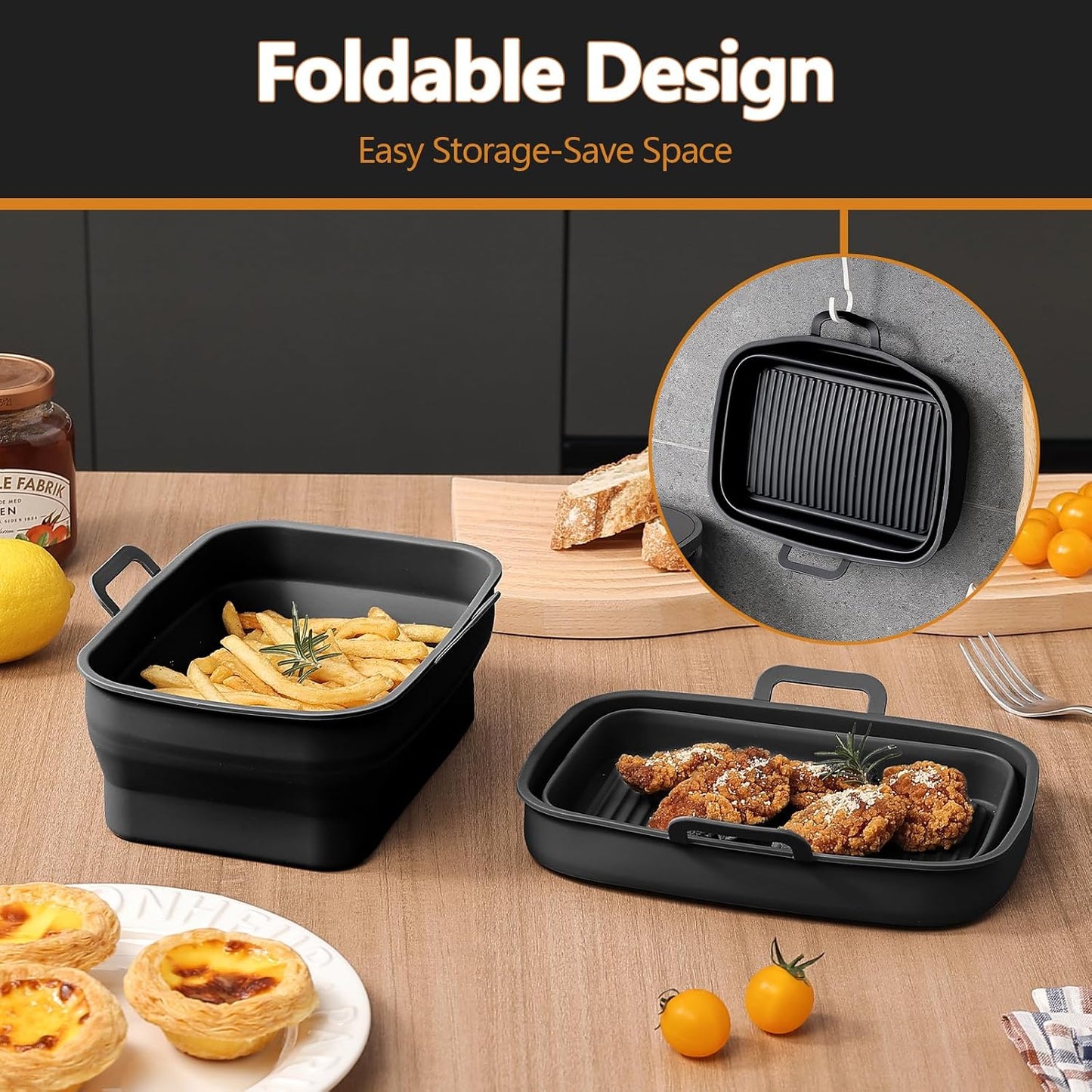 Collapsible Silicone Air Fryer Liners 8QT 10QT Ninja Dual (Gray) | 2 Pack Food Grade Platinum Silicone, Snug Rectangular Fit, Grease Drainage Ridges, Dishwasher Safe, BPA Free Basket Liner