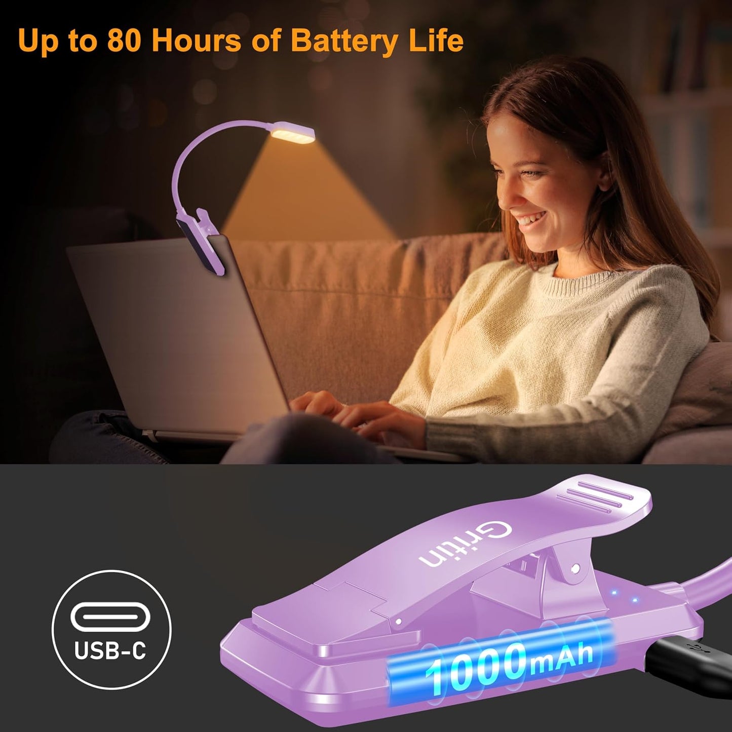 Gritin 16 LED Rechargeable Book Light for Reading in Bed | Eye Caring 3 Color Temperatures,Stepless Dimming Brightness,80 Hrs Runtime,Lightweight Flexible Clip on Light for Book Lovers