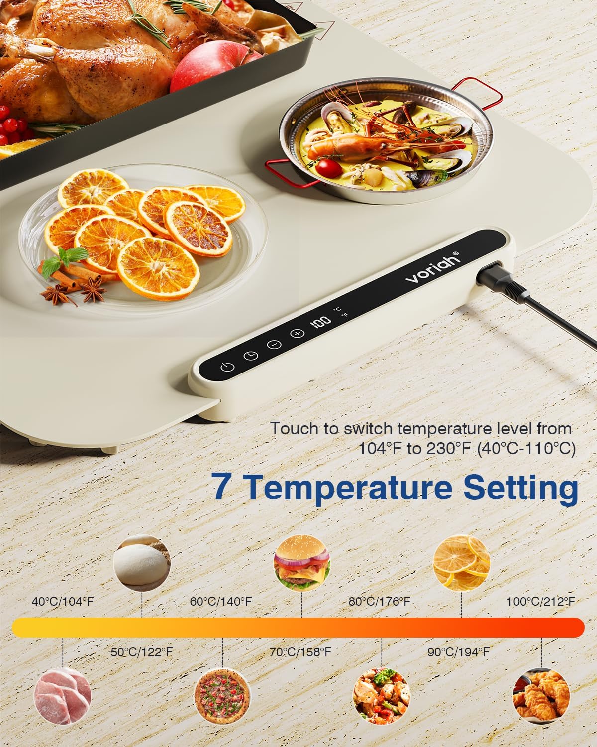 Warming Mat for Food, Voriah Electric Warming Tray with 3 Temp Settings & Auto Shut-Off, Food Warmer with Thick Silicone Surface to Keep Food Warm at Buffet, Parties, and Family Use（Dark Blue）