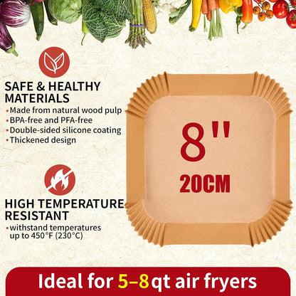 40GSM Air Fryer Liners, 6.5 Inch Air Fryer Liners Disposable, Unbleached Paper For 3-5Qt, Raw Wood Pulp, Double-Sided Silicone, For Health-Conscious Cooks & Busy Families, Square 100pcs