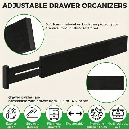 4 Pack Bamboo Drawer Dividers Organizer with Inserts 2.6'' High | Expandable from 12.5-21.7", Adjustable Drawer Organizer Separators for Utensils, Clothing, Office, Dresser, Bedroom, (Beige)