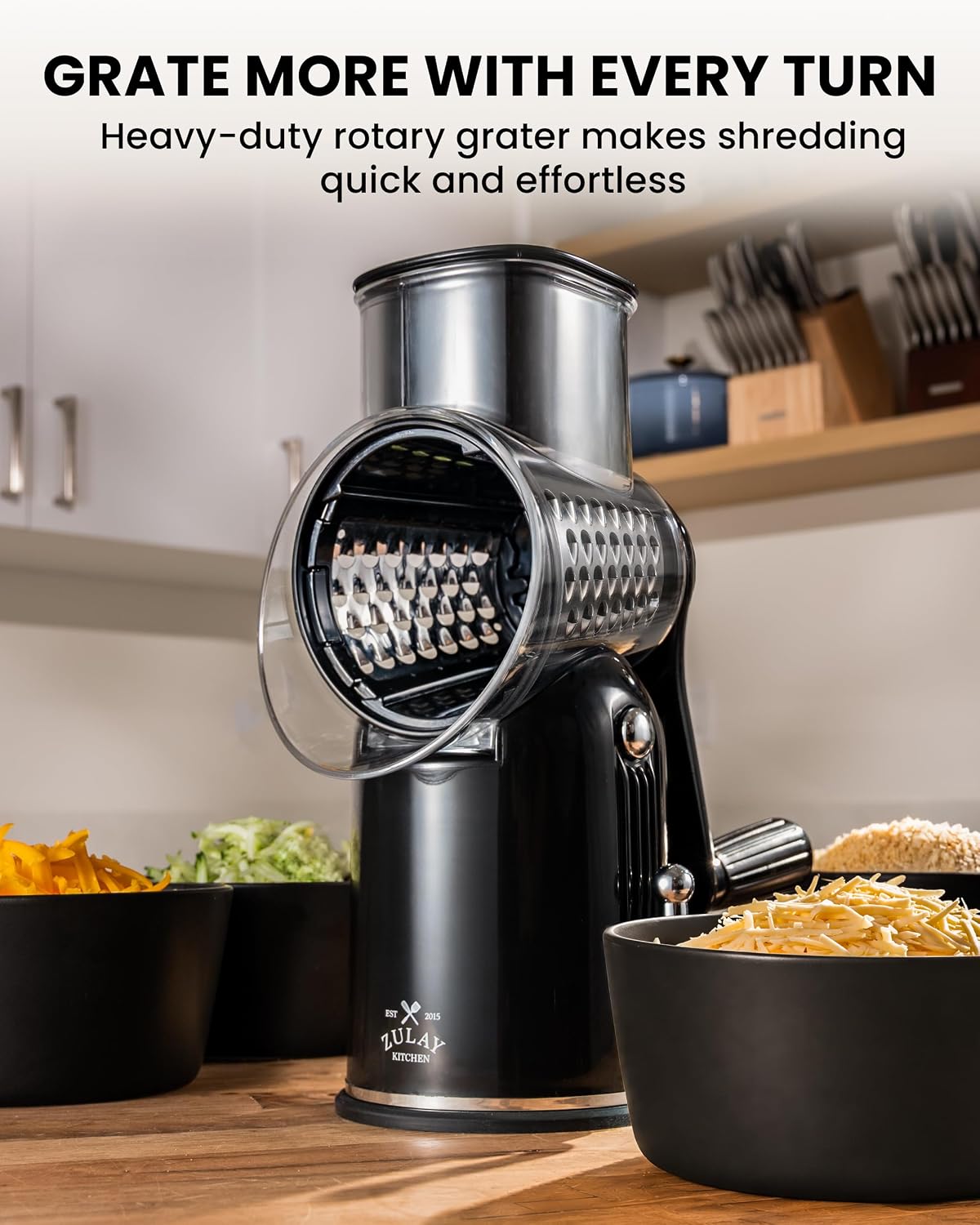 Zulay Kitchen Rotary Cheese Grater 5 Blade Cheese Shredder - Manual Hand Crank Cheese Grater With Reinforced Suction & 5 Interchangeable Drums - Easy to Use, Vegetable Chopper Round Mandoline Slicer - Colors B