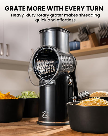 Zulay Kitchen Rotary Cheese Grater 5 Blade Cheese Shredder - Manual Hand Crank Cheese Grater With Reinforced Suction & 5 Interchangeable Drums - Easy to Use, Vegetable Chopper Round Mandoline Slicer - Colors B