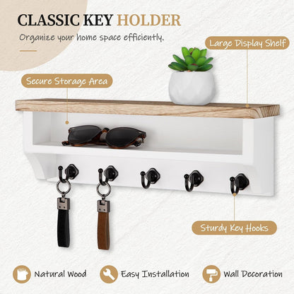 Nekon Key Holder Wall Mount, Wall Organizer Shelf with 5 Key Hooks | Wall Mounted Key Rack Room Decor for Home and Apartment Essentials