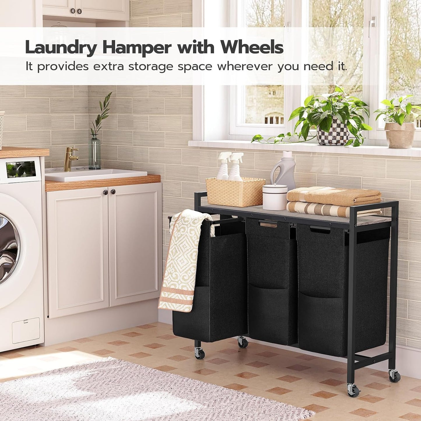 HOOBRO Laundry Sorter 3 Section, Laundry Hamper with Wheels, 3 × 11.5 Gal (43.4L), Rolling Laundry Basket, Pull-Out and Removable Oxford Fabric Laundry Bags, Rustic Brown and Grey BFG76XY01