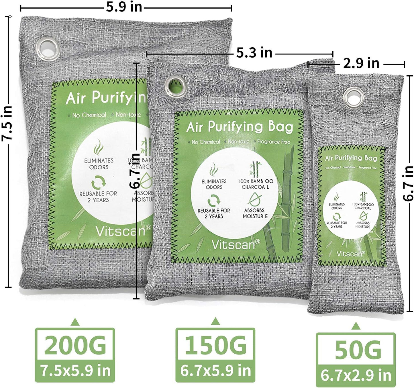 Bamboo Charcoal Air Purifying Bag, Activated Charcoal Odor Absorber | 12 Pack Natural Odor Eliminators For Home, Car, Closet, Basement, Pet, Shoe Deodorizer for Strong Odors (6x50g, 6x150g)