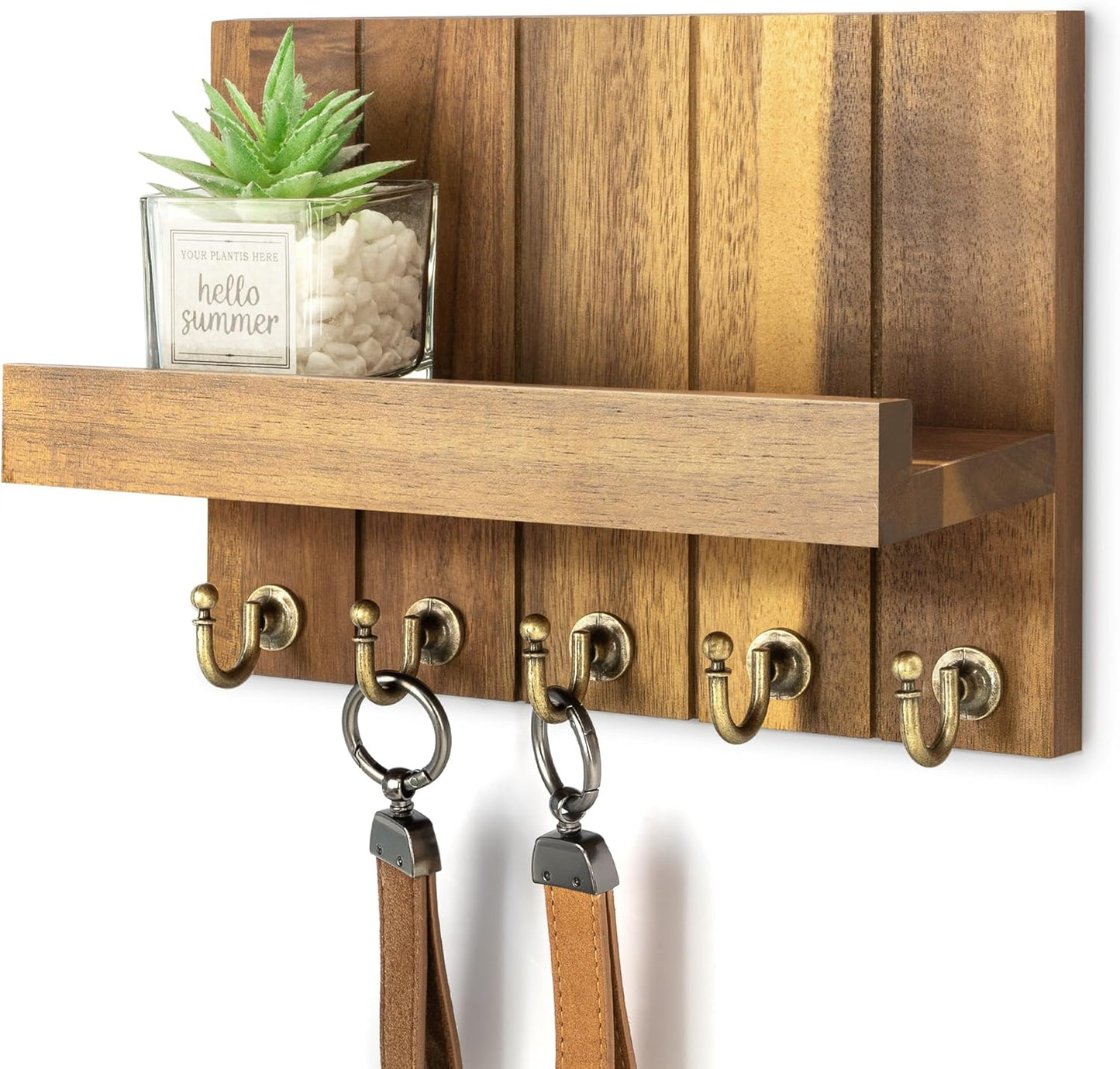 Rebee Vision Key Holder Wall Mount with 5 Key Hooks for Home Decor, Brown | 3.54'' x 10'' x 7.28'', Small Shelf for Display Plant, Key Hangers for Hat, Entryway Space-Saving Storage