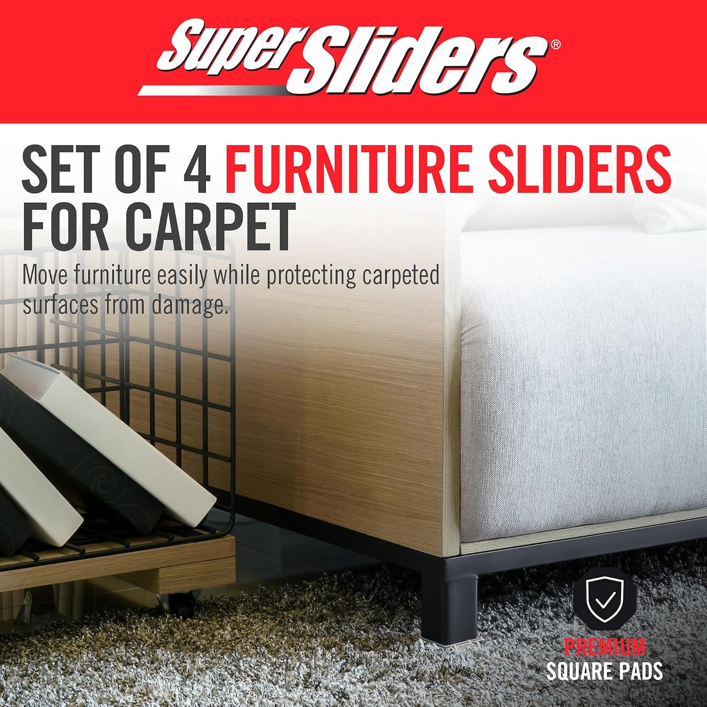 Super Sliders 2-1/2" Self-Stick Square Furniture Sliders for Carpet and Hard Surfaces, Anti-Slip Adhesive Furniture Moving Pads for Beds, Sofas, Dressers, Set of 4, Beige