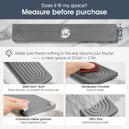 Quick Drying Stone Faucet Mat for Kitchen Sink - Diatomite Sink Mat Absorbing Stone Tray for Bathroom Counter, Sink Faucet Splash Guard Water Protector Matt for Kitchen Counter(White, 14" x 3.9")