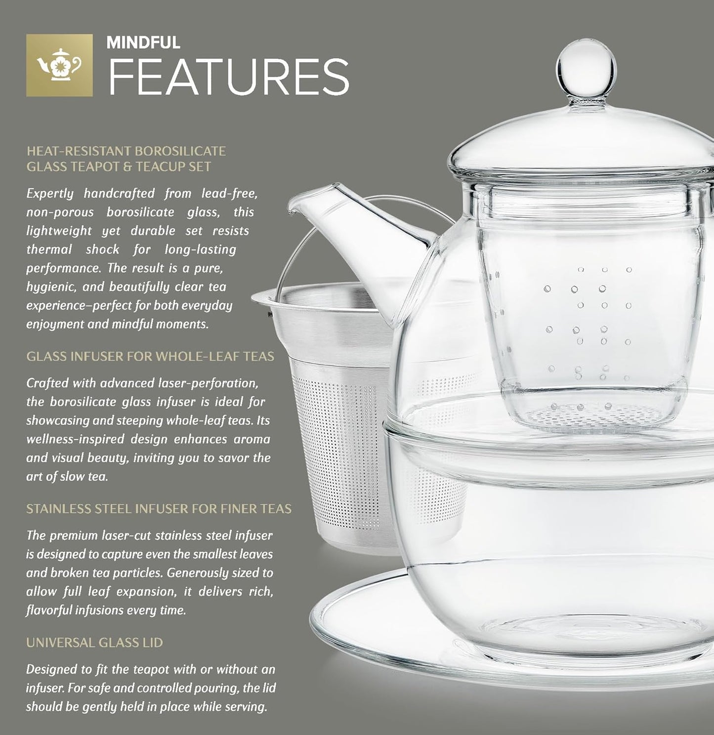 Teabloom Mindful Tea-for-One Set – 5-Piece Glass Teapot, Matching Cup & Saucer, Borosilicate & Stainless Steel Infusers, Elegant Gift for Personal Tea Rituals