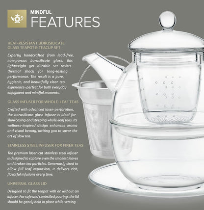 Teabloom Mindful Tea-for-One Set – 5-Piece Glass Teapot, Matching Cup & Saucer, Borosilicate & Stainless Steel Infusers, Elegant Gift for Personal Tea Rituals