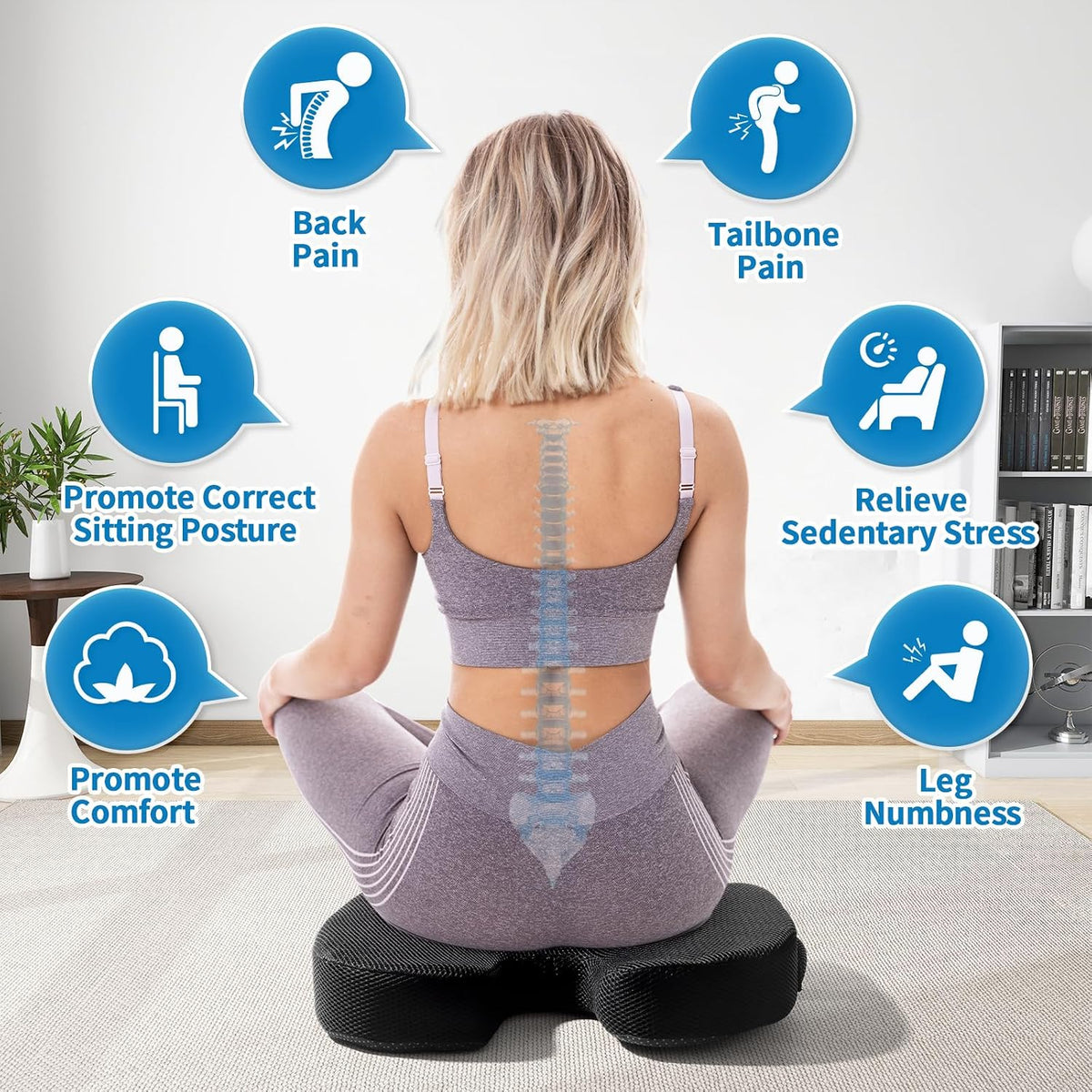 Memory Foam Seat Cushion for Office Chair & Car - Ergonomic Tailbone & Sciatica Pain Relief Pad - Non-Slip Desk Chair Cushion for Long Sitting, Breathable Mesh Pad for Posture Support (Black)