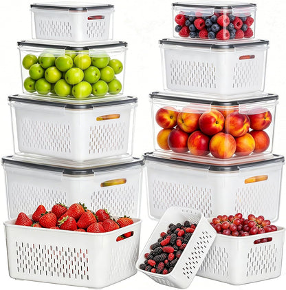5 Pack Fruit Storage Containers for Fridge, Plastic Fruit Containers Set | with Removable Colanders, Leakproof Fridge Organizers and Storage for Berry Vegetables Salad Lettuce Meat, Dishwasher Safe