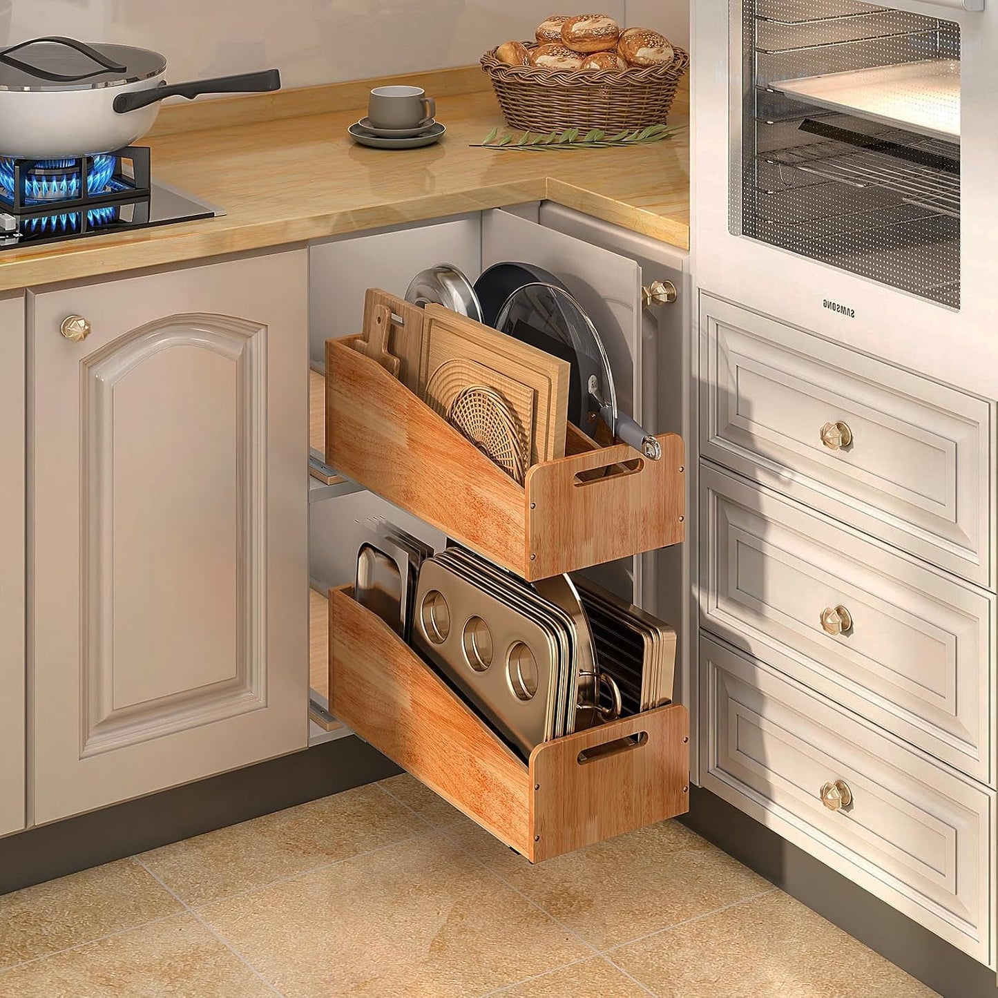 DINDON Pull Out Cabinet Organizer for Pans, Pot lid, Cookie Sheet, Cutting Board, Baking Tray, Slide Out Kitchen Cabinet Storage Organizer, 10.5''W X 21"D X 10.6"H, Wood