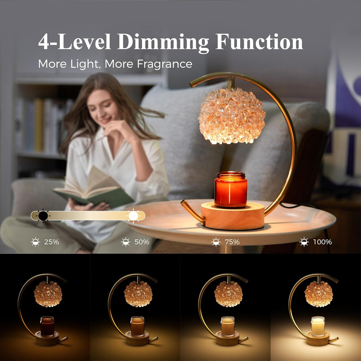 Yeuslor Gold Candle Warmer Lamp for Jar Candles with Adjustable Brightness＆Timer，Handcrafted Crystal＆Wooden Base, Luxurious Design,Home Decoration Electric Candle lamp(C-Shaped)