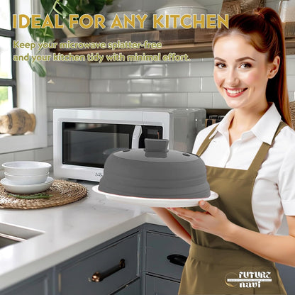 Collapsible Microwave Splatter Cover, Glass Silicone Foldable Microwave Lid for Food, 10.8 Inch Grease Splatter Guard for Pots, Pans & Bowls, Black