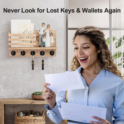 Lwenki Key Holder for Wall – Decorative Wooden Mail Holder and Key Shelf with Mounting Hardware, Installation Guide – Paulownia Wood with Metal Key Hooks (Black, Large - 11.8inch)
