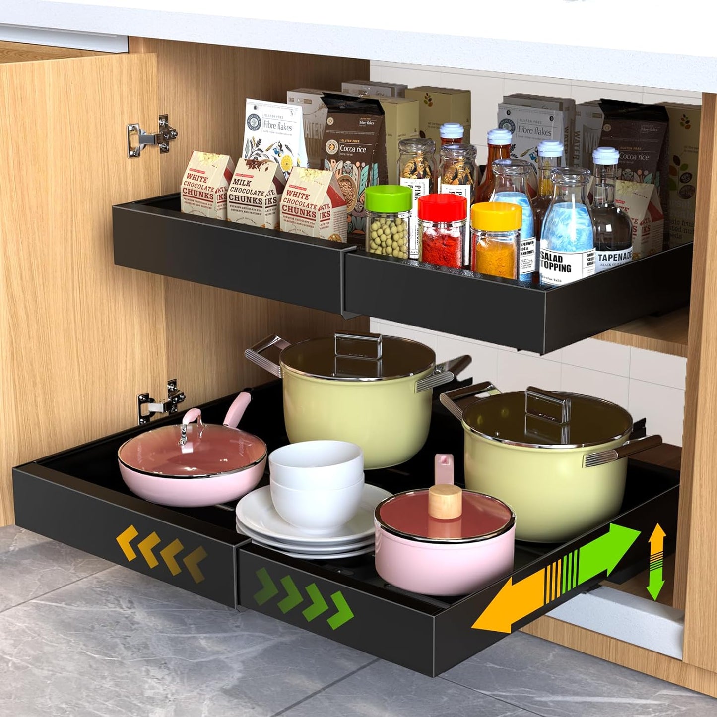 2 Pack Pull Out Cabinet Organizer 21" Deep Expandable Slide Out Drawer Organizers,No Drill Pull Out Drawers Adhesive with Nano Compatible Framed Cabinets Shelves For Kitchen Pantry Adjustable Width