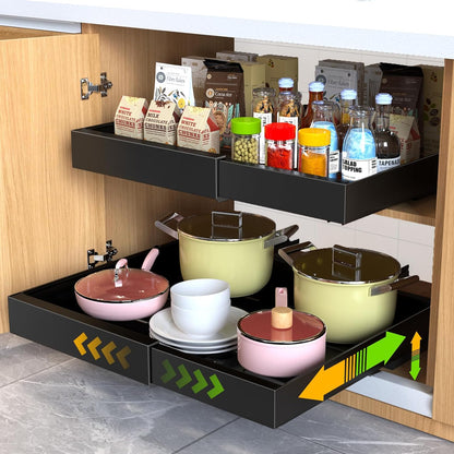 2 Pack Pull Out Cabinet Organizer 21" Deep Expandable Slide Out Drawer Organizers,No Drill Pull Out Drawers Adhesive with Nano Compatible Framed Cabinets Shelves For Kitchen Pantry Adjustable Width